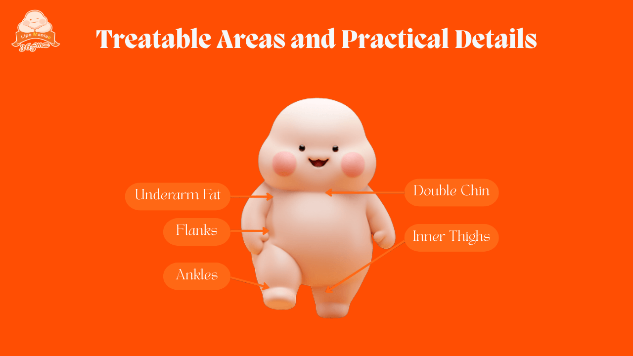 DCA injection treatable areas including double chin, flanks, inner thighs and underarm fat