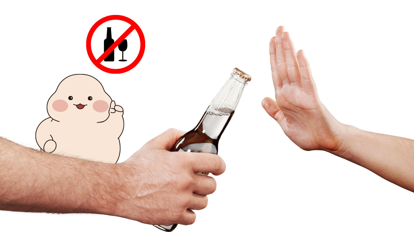 Hand refusing alcohol with a health mascot illustration