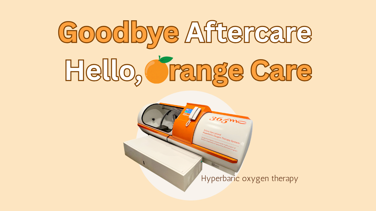 365mc Orange Care hyperbaric oxygen chamber used for post-liposuction recovery.