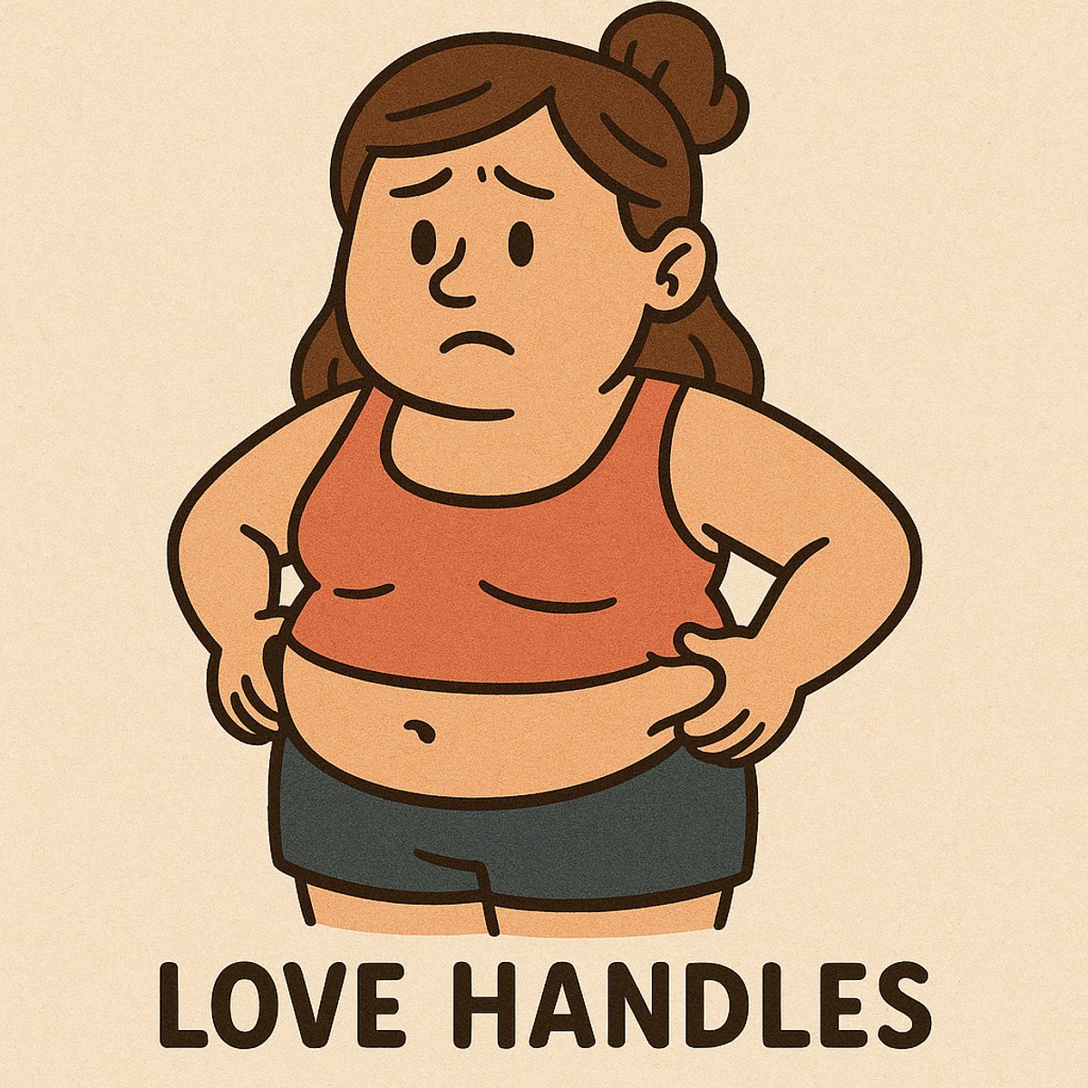 Cartoon illustration of woman holding love handles, highlighting stubborn side fat