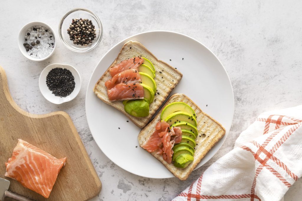 Smoked salmon and avocado toast on whole-grain bread